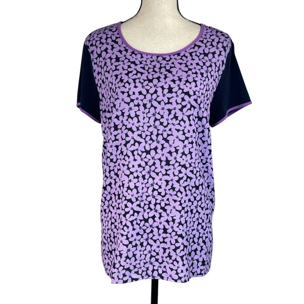 Susan Graver Medium Tunic Top Floral Short Sleeve Stretch Slits Pullover Navy